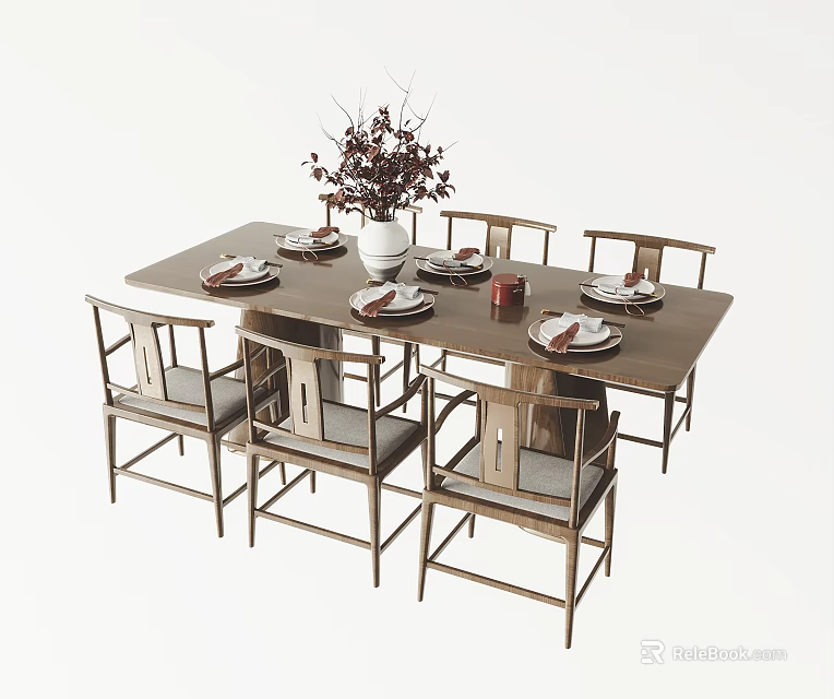 Modern Dining Table Set With Chairs Tableware And Decorative Flower Vase 3d model