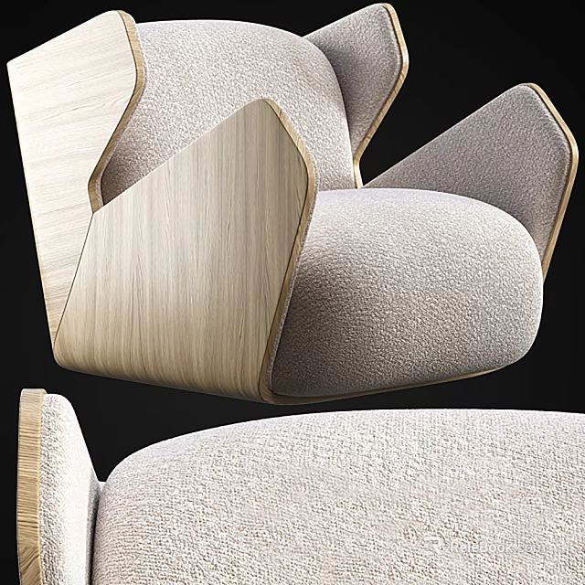 Modern Single Sofa With Beige Fabric Upholstery And Wooden Armrest Design 3d model 