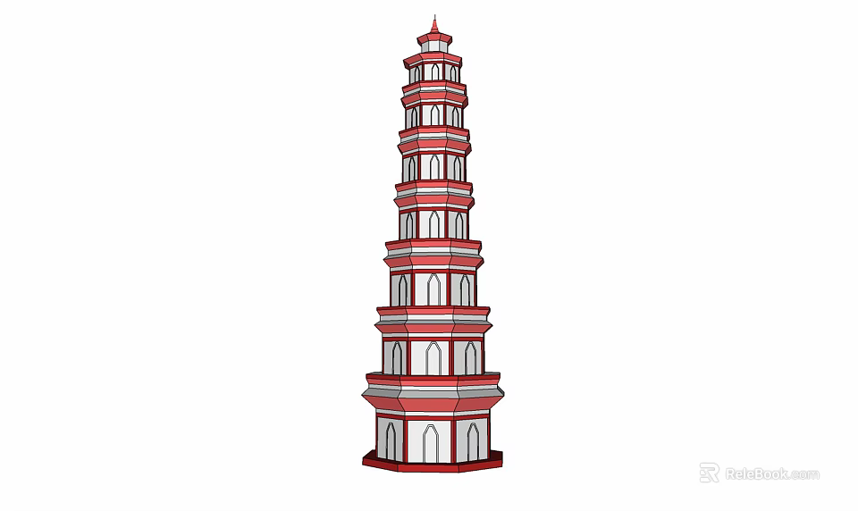 Traditional Multi Layered Tower With Red And White Exterior And Arched Windows 3d model 