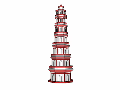 Traditional Multi Layered Tower With Red And White Exterior And Arched Windows 3d model