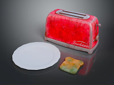 Sunbeam Red Toaster Kitchen Appliance With White Plate And Toasted Bread 3d model
