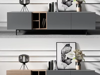 Modern Grey TV Stand With Wooden Shelves Books Decorative Painting And Vase 3d model