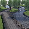 Scenic Park Landscape with Wooden Bridge Stream Lush Trees and Green Grass