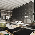 Modern Bedroom Interior With Dark Circular Wall Open Closet Blue Armchair And Large Bed
