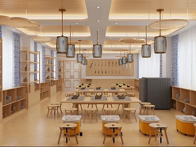 School Spacious Learning Classroom With Wooden Tables Chairs Round Pendant Lights And Bright Environment 3d model