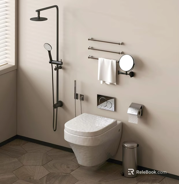 Modern Shower Head in Contemporary Bathroom with Towel Racks Round Mirror and Toilet 3d model 