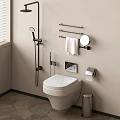 Modern Shower Head in Contemporary Bathroom with Towel Racks Round Mirror and Toilet