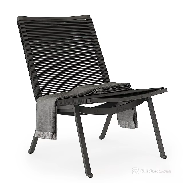 Black Ribbed Leisure Chair with Gray Towel and Metal Legs for Comfortable Relaxation 3d model 