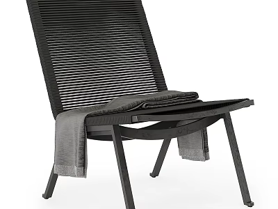 Black Ribbed Leisure Chair with Gray Towel and Metal Legs for Comfortable Relaxation 3d model