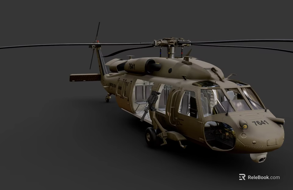 Brown Military Helicopter With Open Door Rotors Windows And Detailed Exterior 3d model 