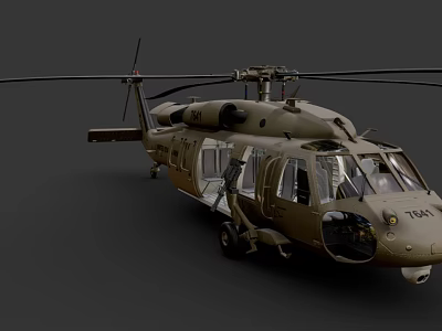 Brown Military Helicopter With Open Door Rotors Windows And Detailed Exterior 3d model