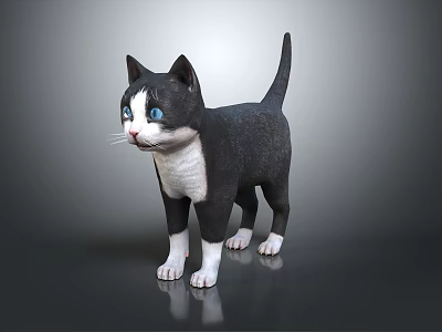 Black and White Cat with Blue Eyes Standing on Shiny Reflective Surface 3d model