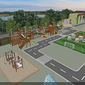 Colorful School Outdoor Playground With Slide Soccer Goal Lawn And Trees