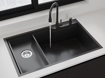 Black Double Bowl Kitchen Sink With Faucet On White Countertop 3d model