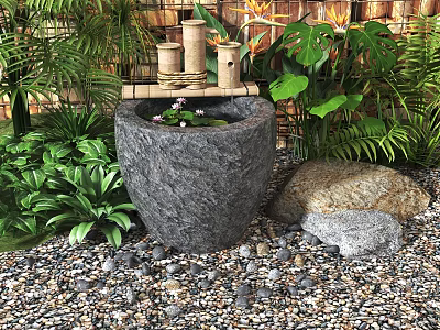 Tranquil Courtyard Garden With Stone Basin Water Lilies Green Plants And Decorative Pebbles 3d model