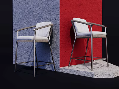 Modern Bar Stools With Metal Frame And White Seat Displayed Against Blue Red Walls 3d model