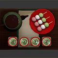 Japanese Tea Serving Set With Green Teapot Matcha Cups Colorful Dango Skewers On Wooden Tray