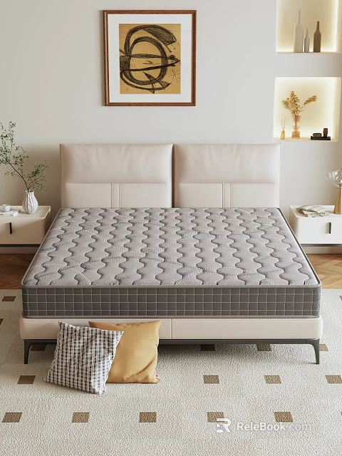 Comfortable Mattress With Wave Pattern Design On Modern Bed Frame And Nightstand 3d model 