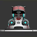 Futuristic Mechanical Robot Game and Movie Character with Glowing Red Blue Accents and Circular Base