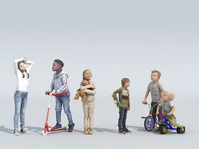 Kids standing in a row with scooter teddy bear and bicycle against gray background 3d model