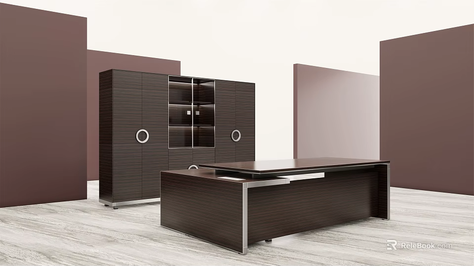 Modern Office Desk Design With Dark Brown Storage Cabinets Glass Doors And Circular Accents 3d model 