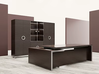 Modern Office Desk Design With Dark Brown Storage Cabinets Glass Doors And Circular Accents 3d model