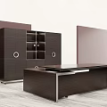 Modern Office Desk Design With Dark Brown Storage Cabinets Glass Doors And Circular Accents