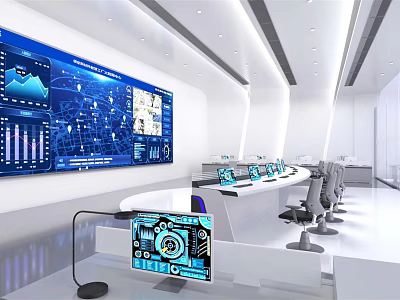 Modern Monitoring Room With Large Screens Data Charts And Control Consoles 3d model