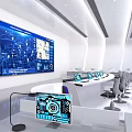 Modern Monitoring Room With Large Screens Data Charts And Control Consoles