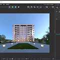 Modern Mid-Rise Residential Building Exterior With Lawn Water Feature And Trees