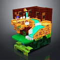 Miniature Garden Ornament With Brick Structure Water Stream Green Plants And Yellow Flowers