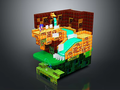 Miniature Garden Ornament With Brick Structure Water Stream Green Plants And Yellow Flowers 3d model