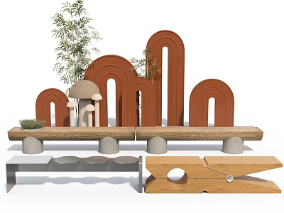 Decorative Display Featuring Brown Arched Structures Mushroom Decor Bamboo And Wooden Stone Benches 3d model