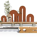 Decorative Display Featuring Brown Arched Structures Mushroom Decor Bamboo And Wooden Stone Benches