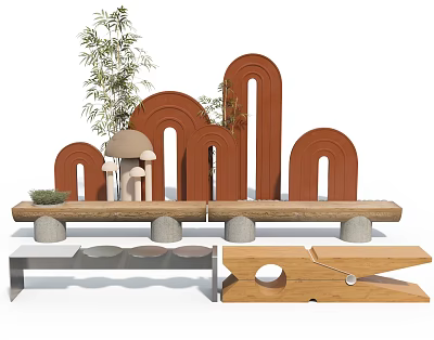 Decorative Display Featuring Brown Arched Structures Mushroom Decor Bamboo And Wooden Stone Benches 3d model