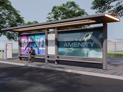 Modern Bus Stop Shelter With Advertising Billboards Seated Person And Green Trees 3d model