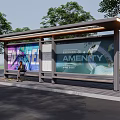 Modern Bus Stop Shelter With Advertising Billboards Seated Person And Green Trees