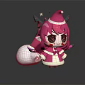 Cute Cartoon Girl With Pink Hair Antlers Santa Hat And White Gift Bag