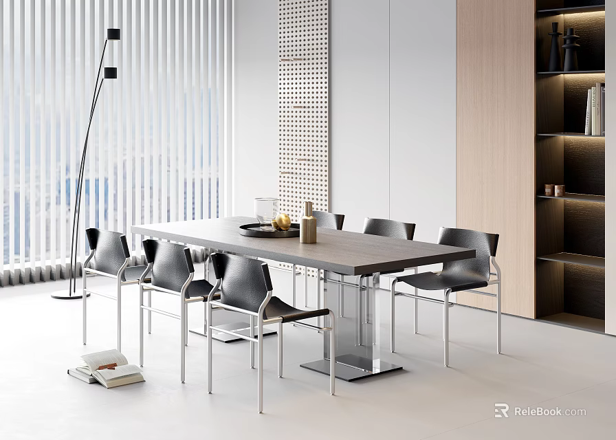 Modern Dining Table Set With Black Chairs Floor Lamp Window Blinds And Bookshelf 3d model 