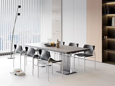 Modern Dining Table Set With Black Chairs Floor Lamp Window Blinds And Bookshelf 3d model