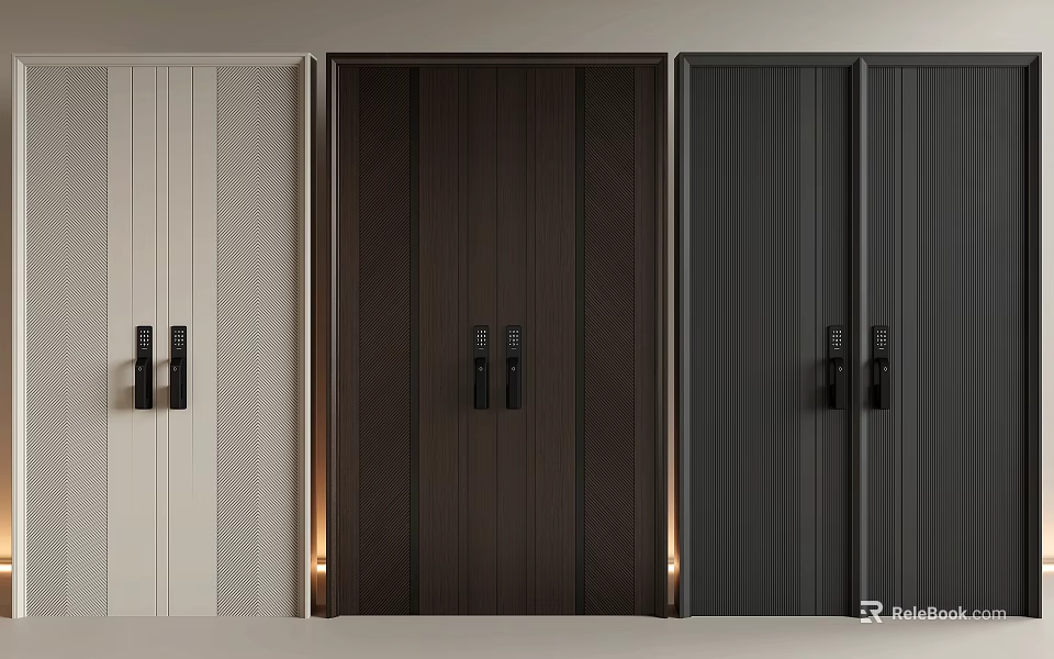 Modern Double Doors Featuring White Striped Dark Brown And Black Wooden Textured Panels 3d model 