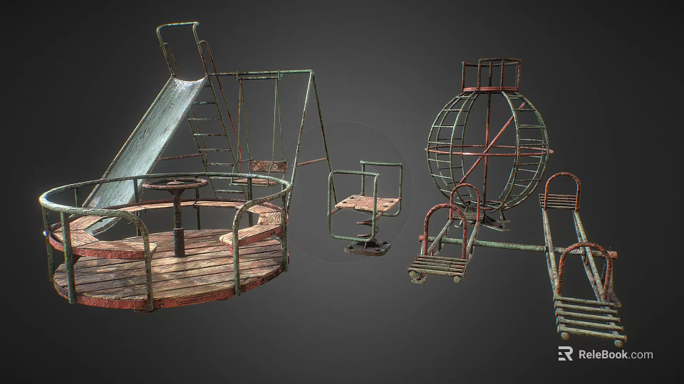Vintage Metal Playground Equipment With Slide Swing Rotating Structure And Climbing Frame 3d model 