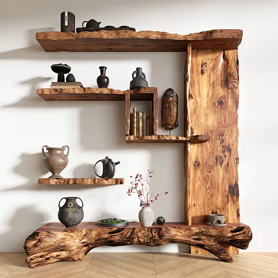 Handcrafted Rustic Wooden Shelving Unit With Vases Teapots Books And Decorative Items 3d model