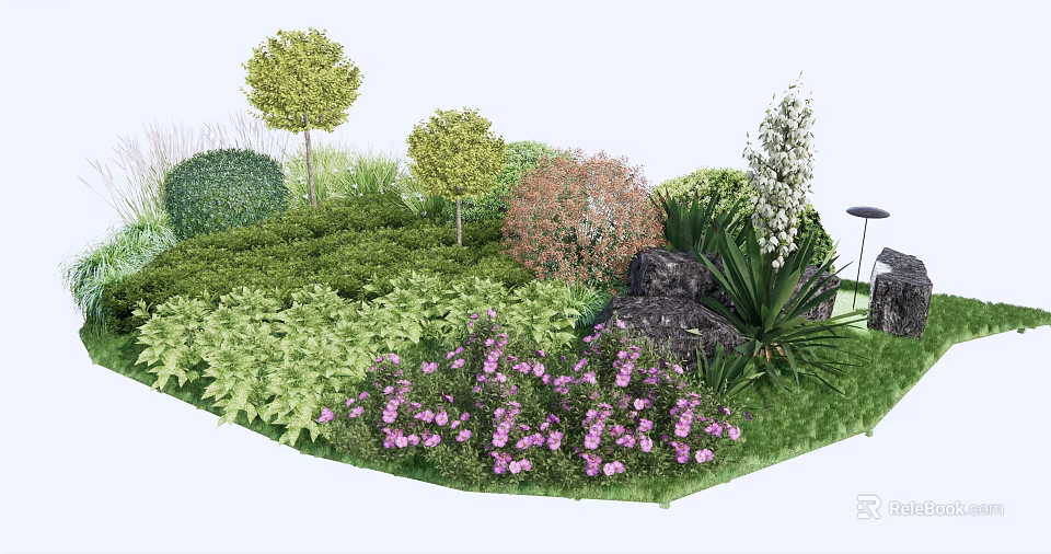 Colorful Garden Shrubs With Green Leaves Purple Flowers And Decorative Stone 3d model 