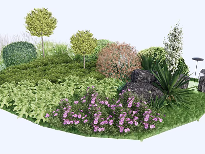Colorful Garden Shrubs With Green Leaves Purple Flowers And Decorative Stone 3d model