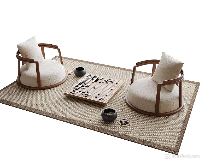 Cozy Wooden Table and Chair Set with Beige Cushions and Game Board on Woven Rug 3d model 
