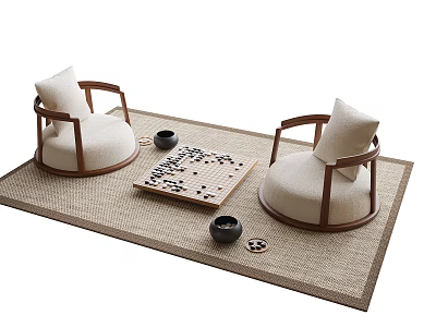 Cozy Wooden Table and Chair Set with Beige Cushions and Game Board on Woven Rug 3d model