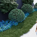 Park Landscape With Green Trees Trimmed Bushes Blue Flowers And White Brick Path