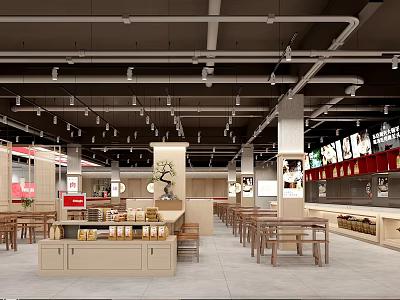 Modern Restaurant Interior With Open Layout Wooden Tables Chairs Counter And Pendant Lights 3d model