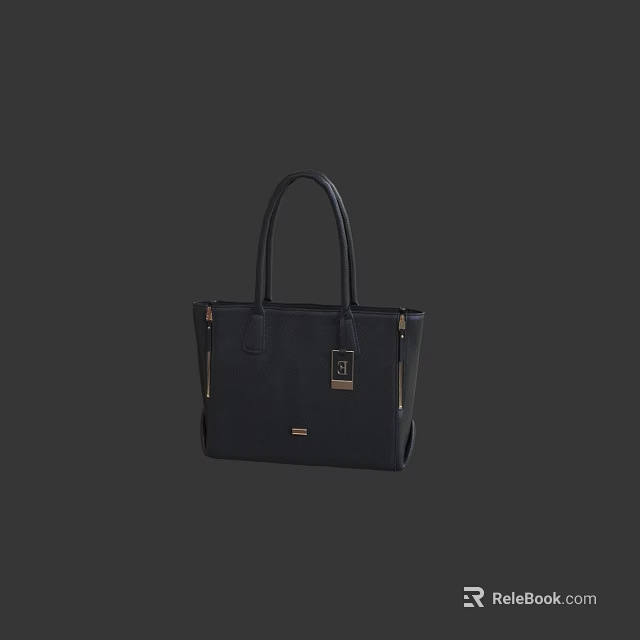 Black Leather Handbag with Stylish Tote Handles Metallic Lock and Side Zippers 3d model 